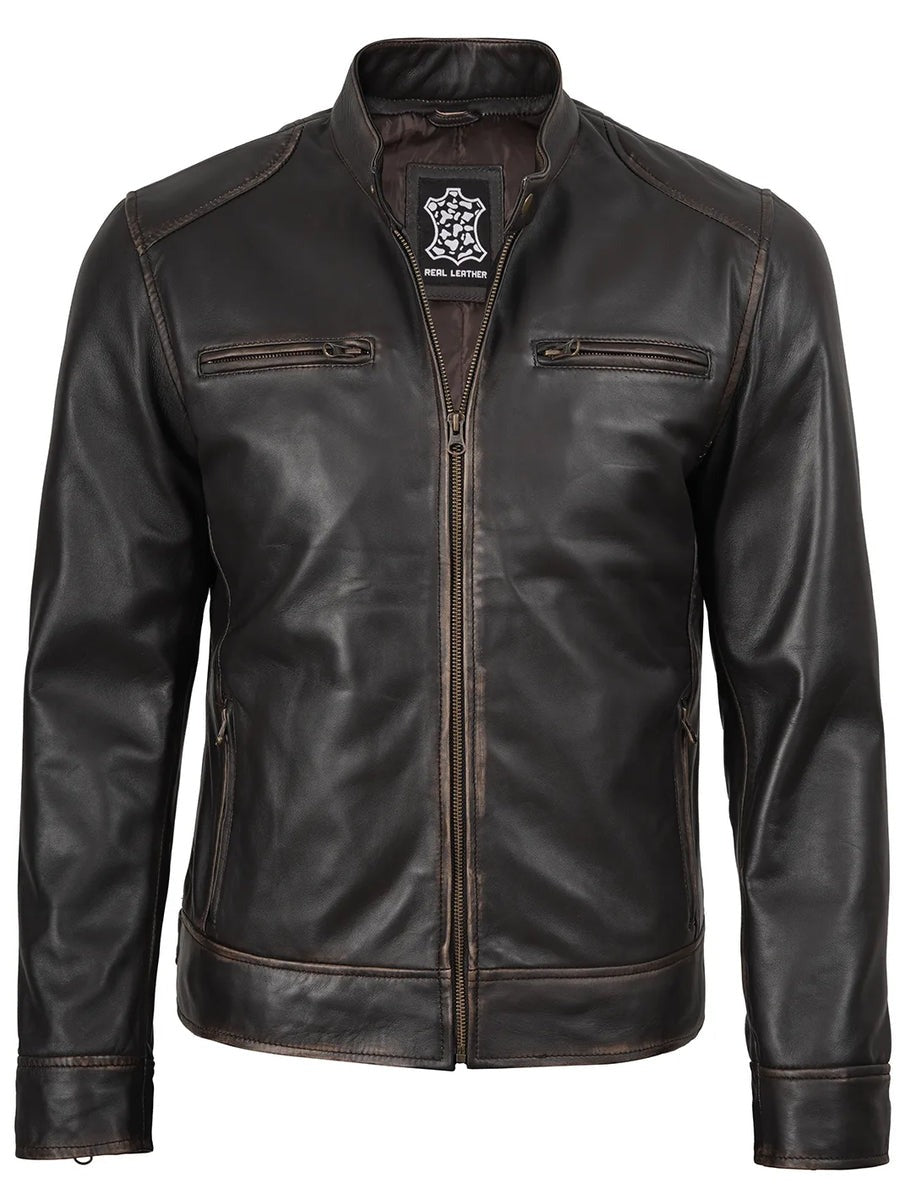 Men's Rub-Off Dark Brown Cafe Racer Style Leather Jacket The Leather Fit