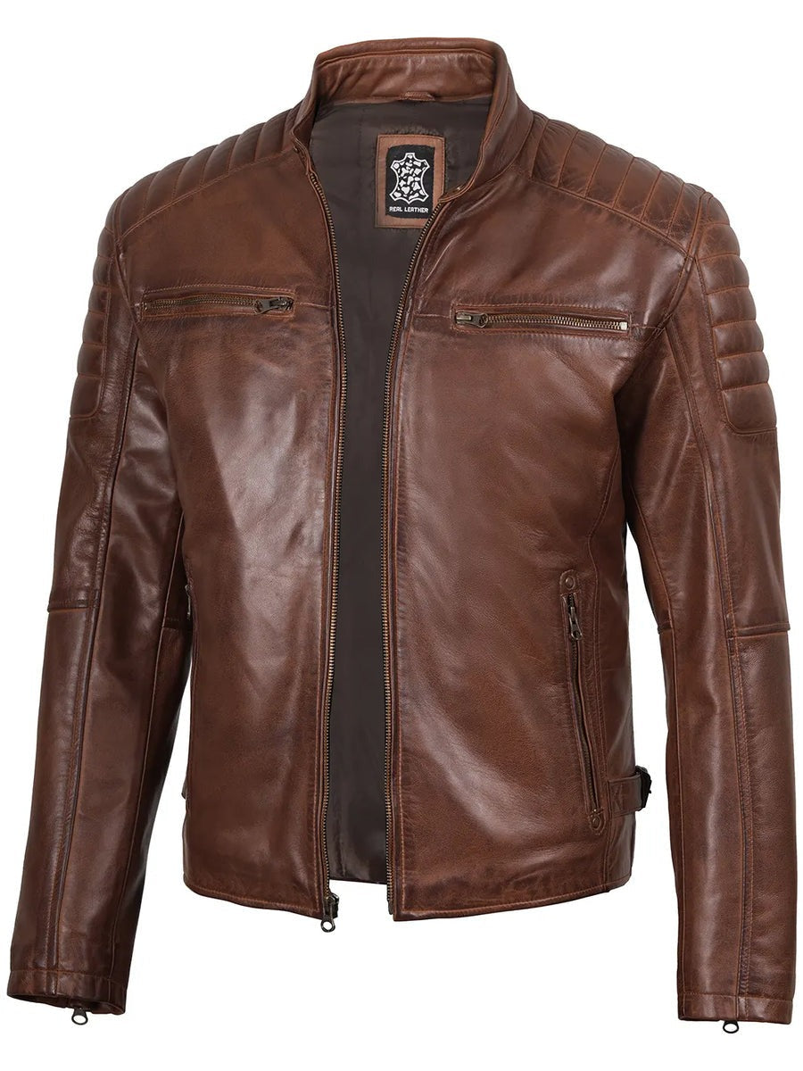 Mens Cognac Brown Cafe Racer Style Leather Jacket The Leather Fit