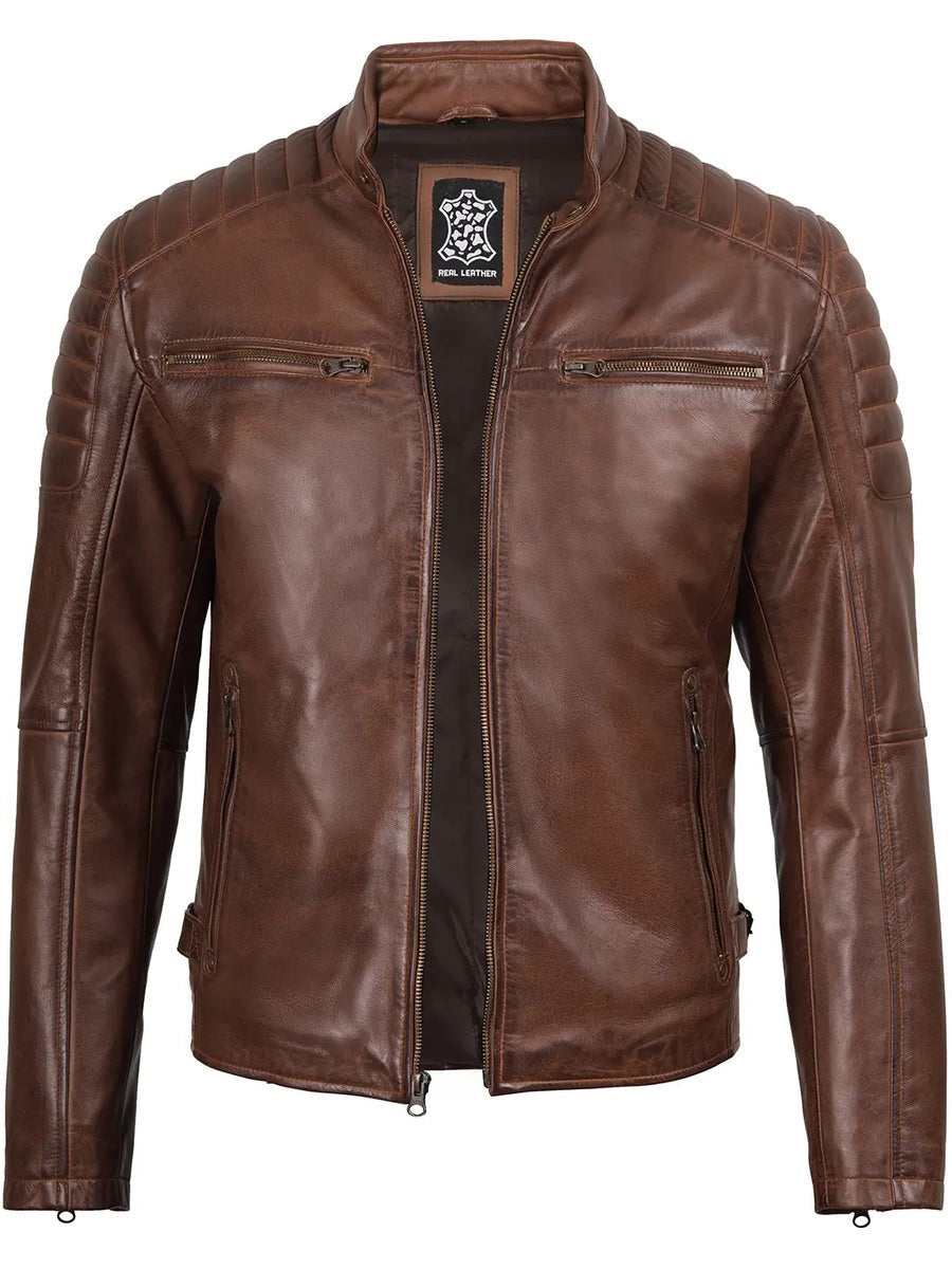 Mens Cognac Brown Cafe Racer Style Leather Jacket The Leather Fit