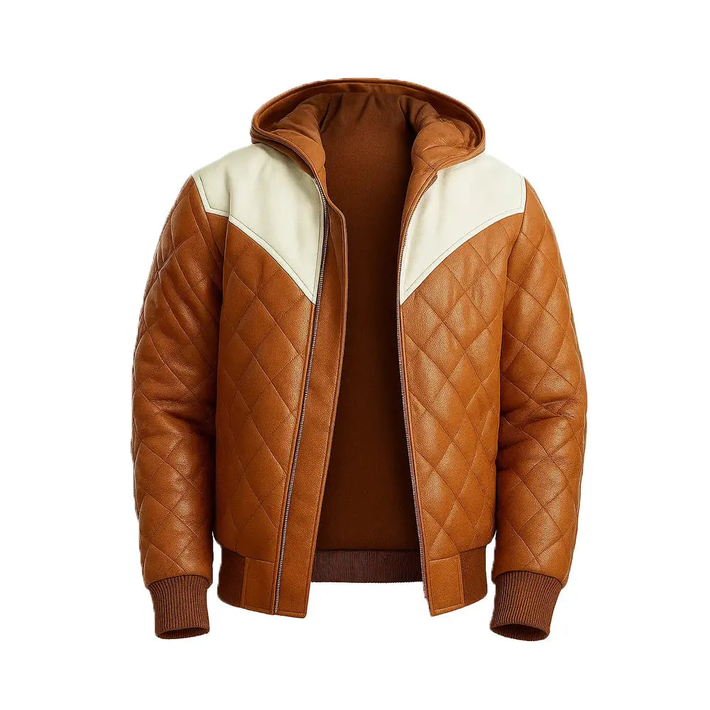 Hooded Bomber Puffer Leather Jacket Brown The Leather Fit