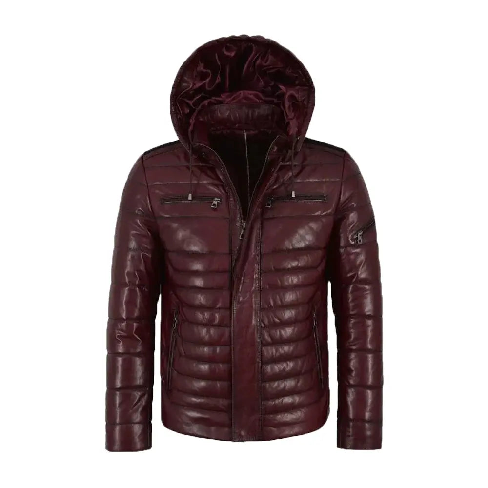 Hooded Leather Puffer Padded Jacket Cherry The Leather Fit