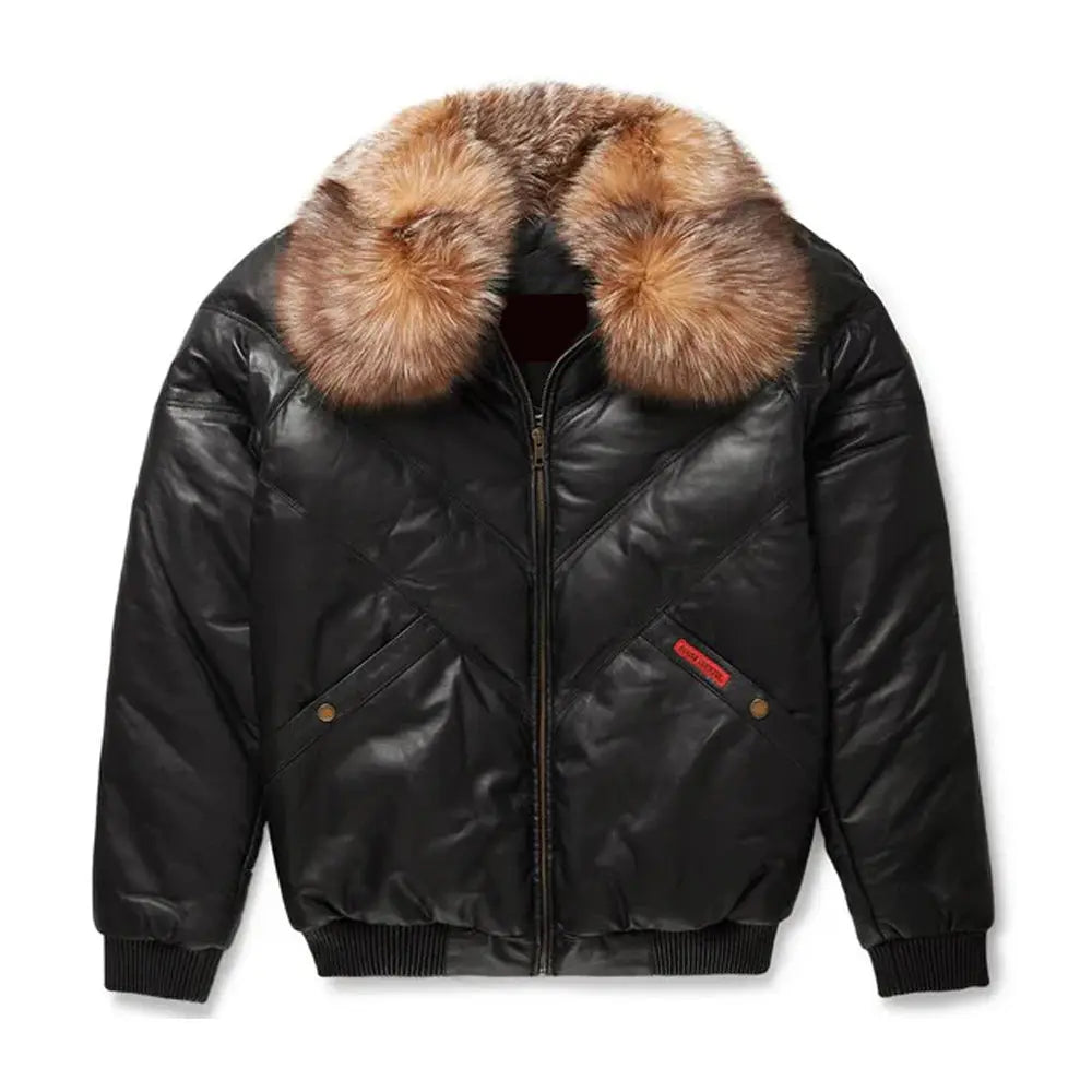 Men's Black Leather V-Bomber Jacket with Crystal Faux Fur The Leather Fit