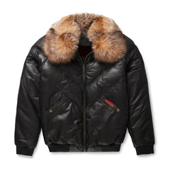Men's Black Leather V-Bomber Jacket with Crystal Faux Fur The Leather Fit