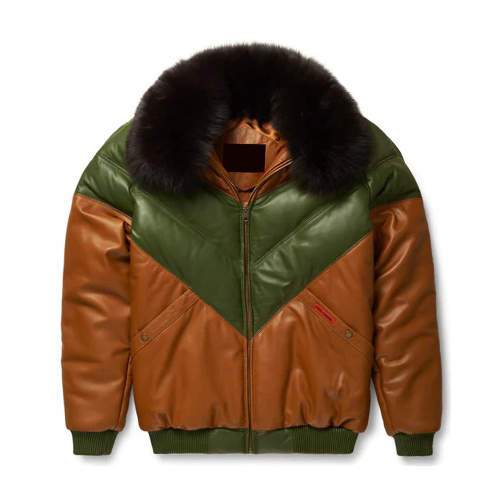 Men's Brown & Green Leather V-Puffer Jacket The Leather Fit