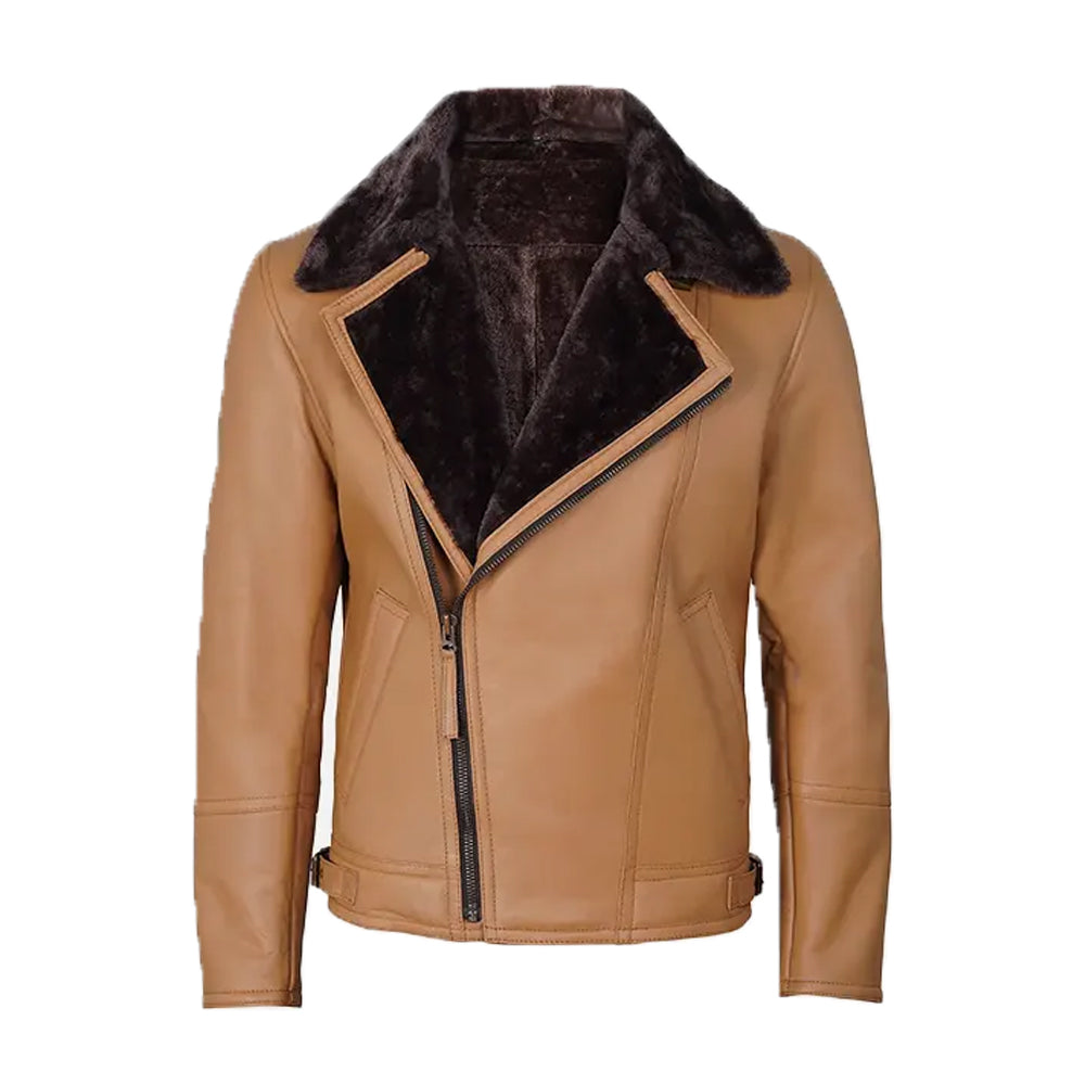 Men's Camel Brown Shearling Leather Moto Jacket The Leather Fit