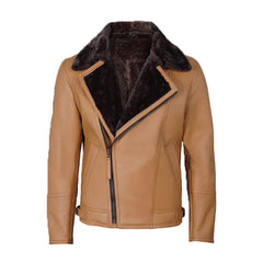 Men's Camel Brown Shearling Leather Moto Jacket The Leather Fit