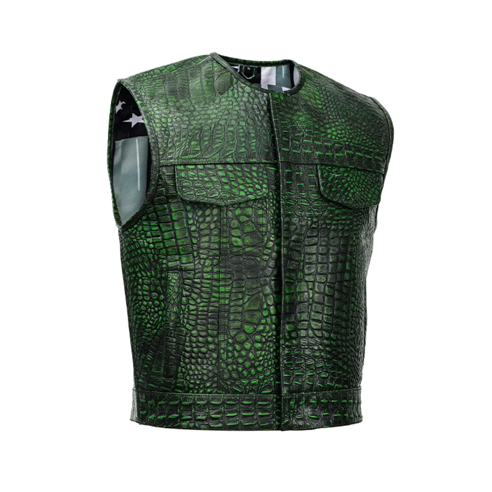 Men’s Classic Green Leather Motorcycle Vest The Leather Fit