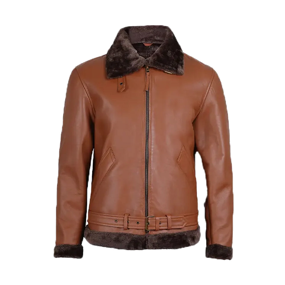 Men's Cognac Leather Shearling Bomber Jacket The Leather Fit