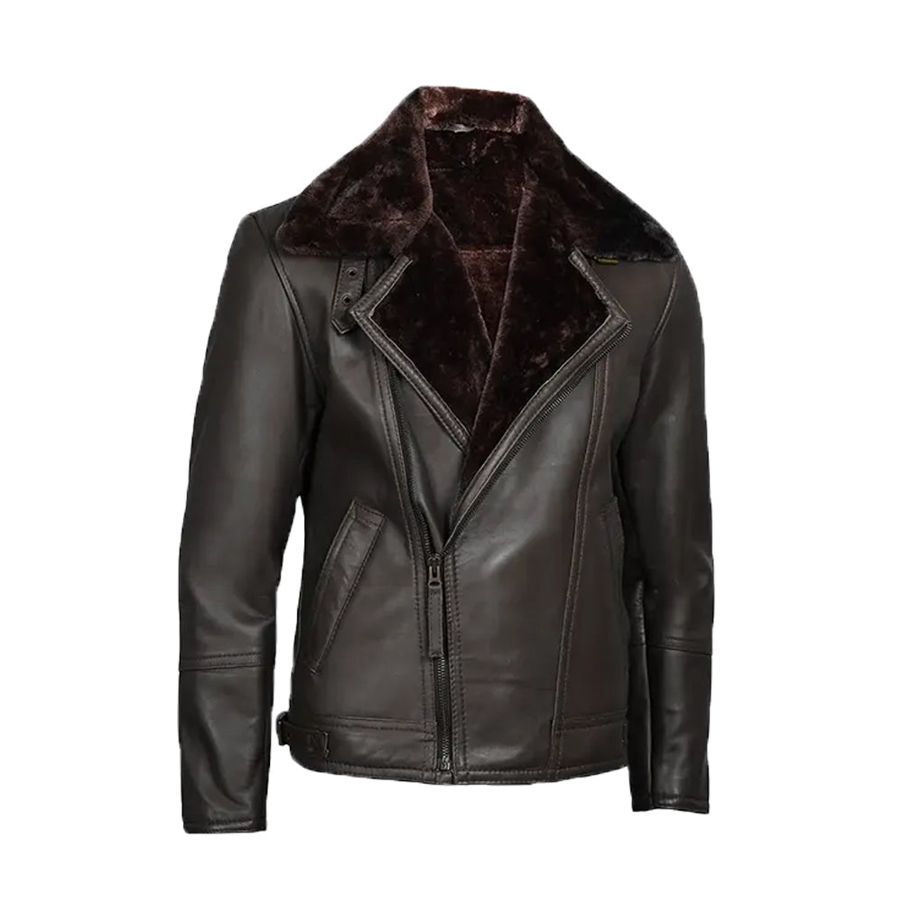 Men's Dark Brown Shearling Leather Moto Jacket The Leather Fit