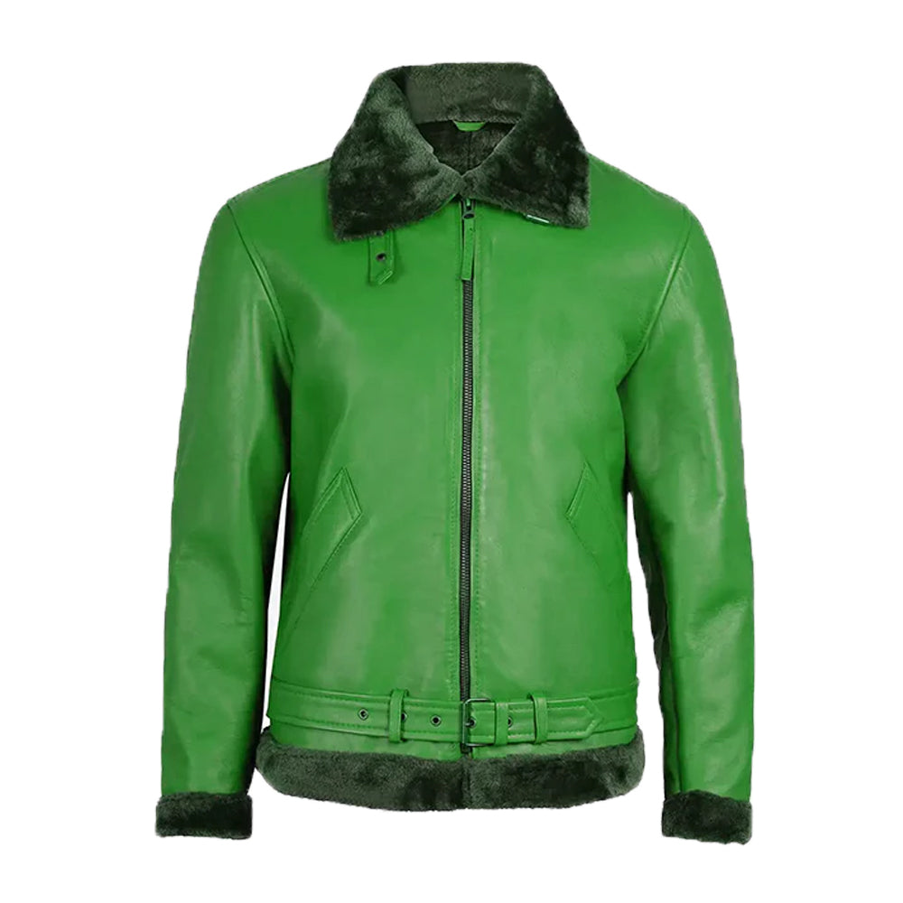 Men's Green Fur Leather Shearling Bomber Jacket The Leather Fit