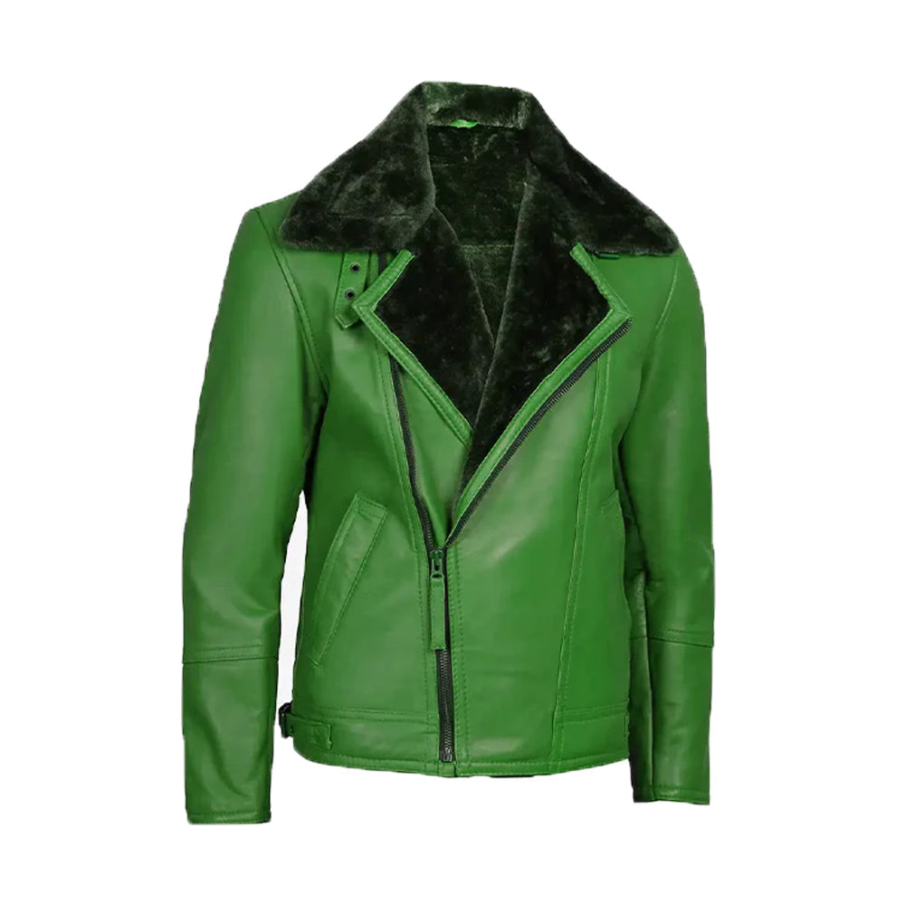 Men's Green Leather Shearling Moto Jacket The Leather Fit