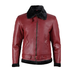 Men's Maroon Leather Shearling Bomber Jacket The Leather Fit