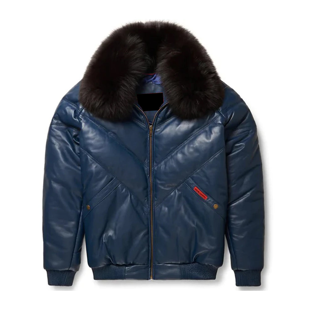 Men's Navy Leather V-Bomber Jacket The Leather Fit