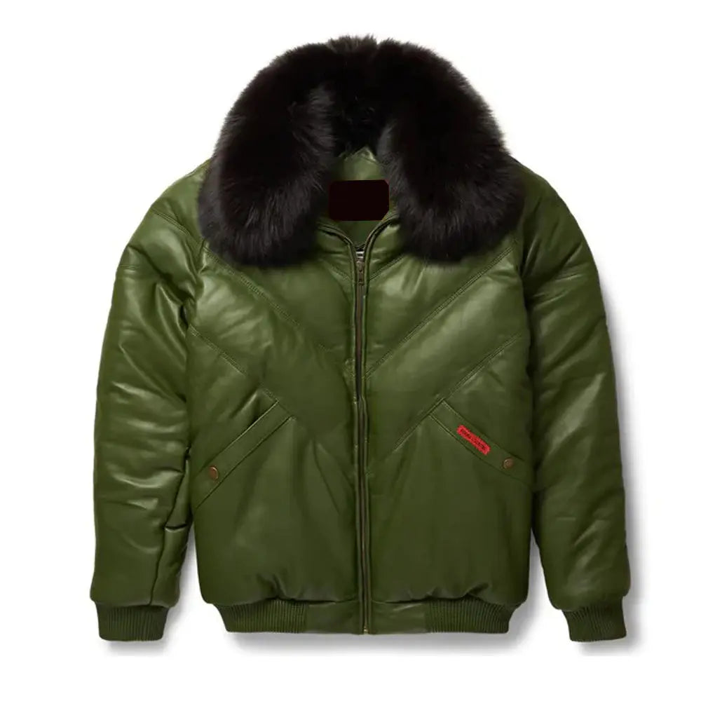 Men's Olive Leather V-Puffer Jacket The Leather Fit