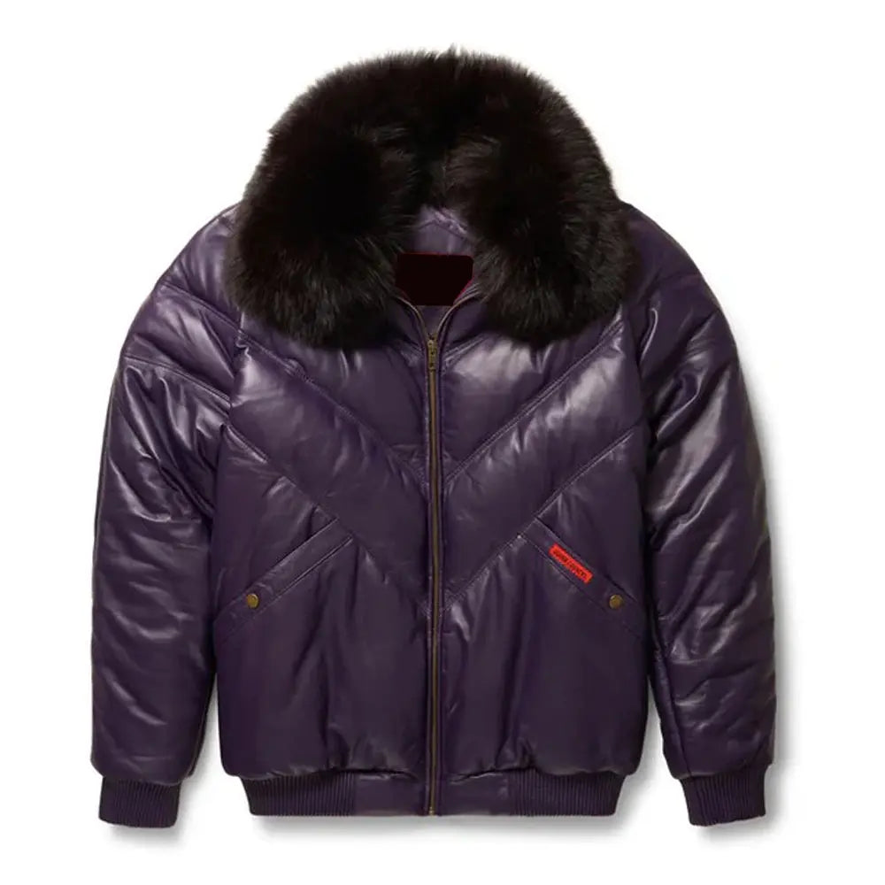 Men's Purple Leather V- Puffer Jakcet The Leather Fit