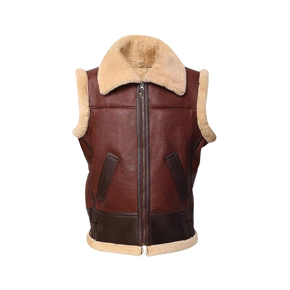 Men’s RAF B-3 Brown Shearling Leather Vest The Leather Fit