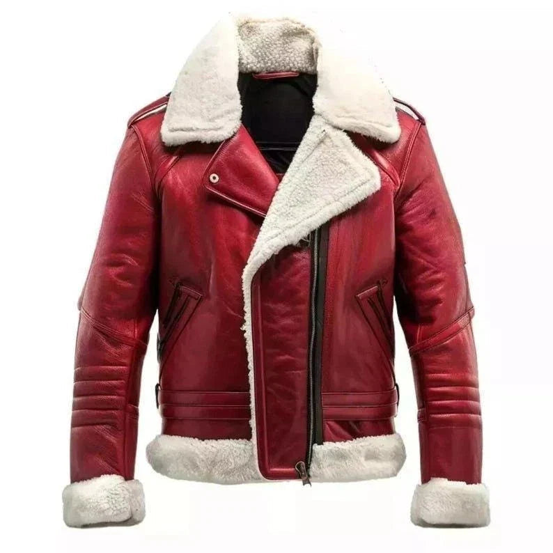 Men’s Red Leather Shearling Jacket - Christmas Style The Leather Fit