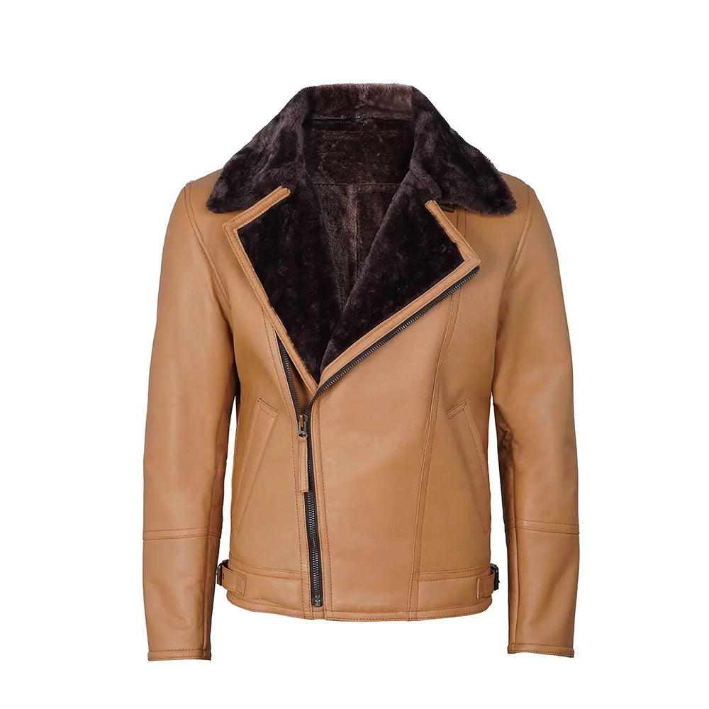 Men’s Shearling Leather Moto Jacket – Camel Color The Leather Fit