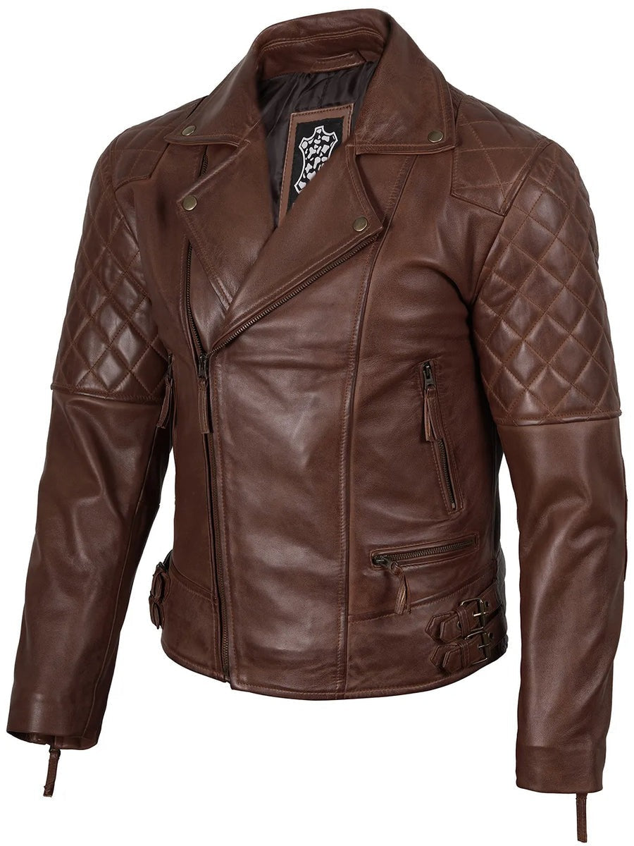 Mens Dark Brown Quilted Asymmetrical Leather Biker Style Jacket The Leather Fit