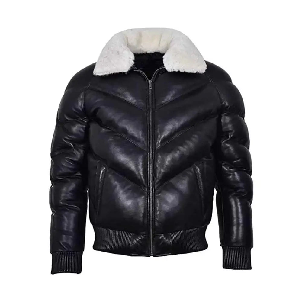 Mens Military Style Puffer Leather Jacket Black The Leather Fit