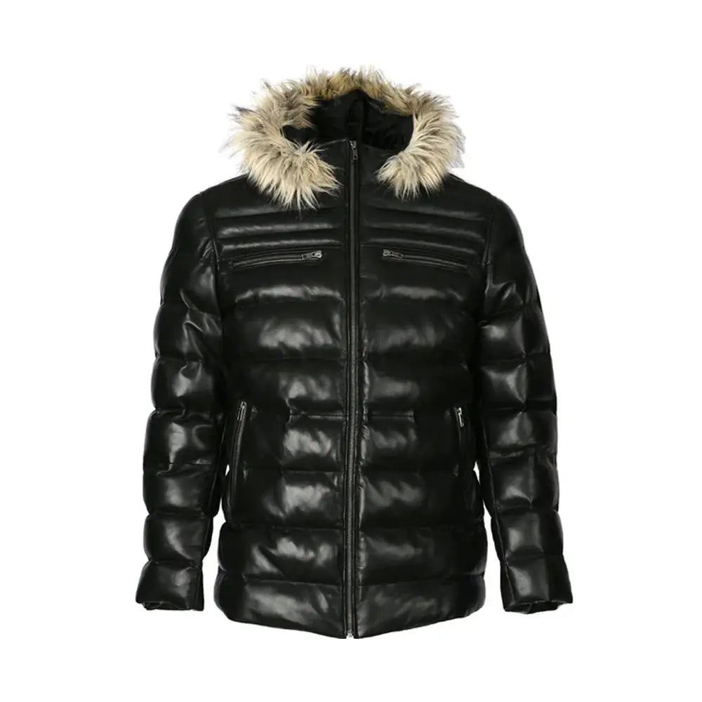 Mens Puffer Leather Jacket In Black With Fur Hoodie The Leather Fit