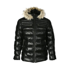 Mens Puffer Leather Jacket In Black With Fur Hoodie The Leather Fit