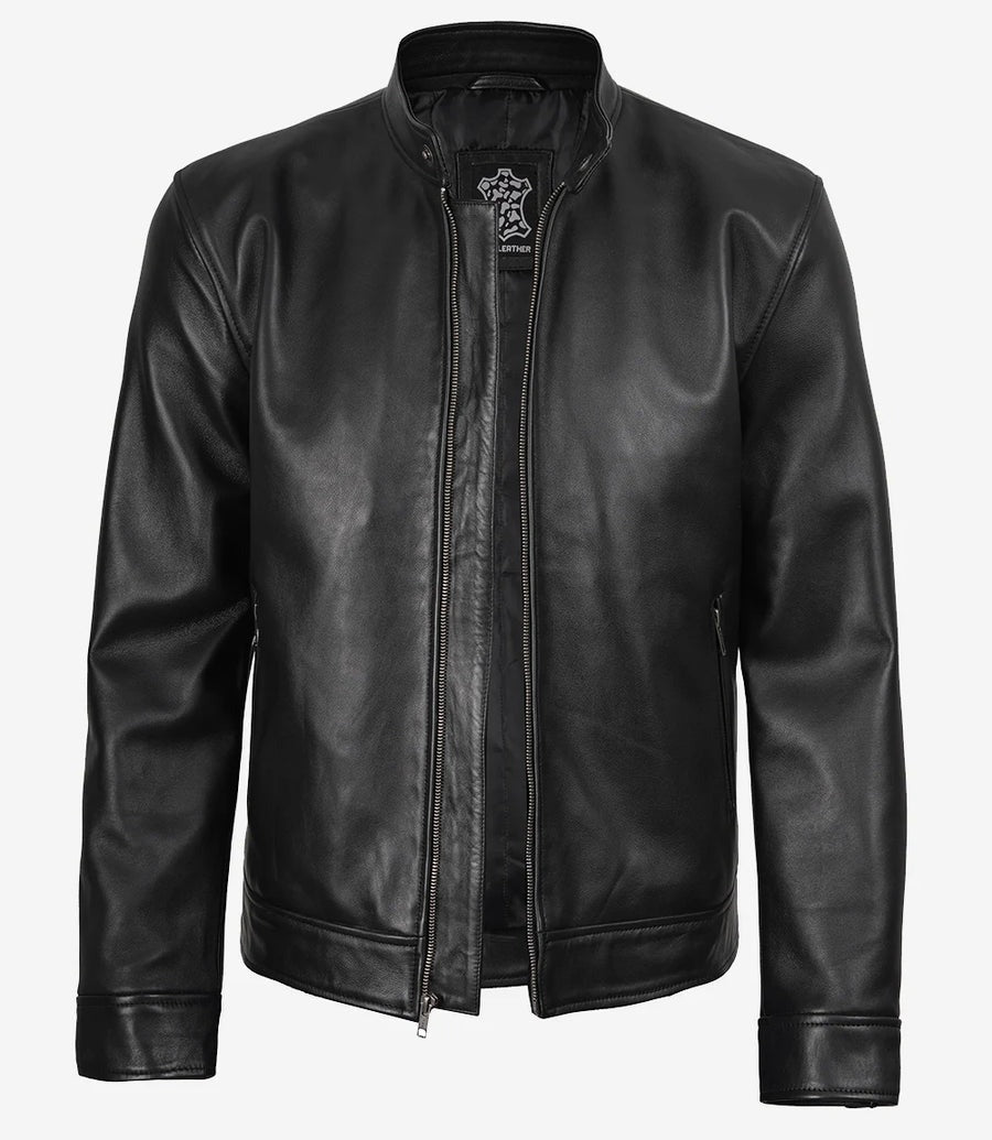 Men's Black Cafe Racer Style Real Leather Jacket The Leather Fit