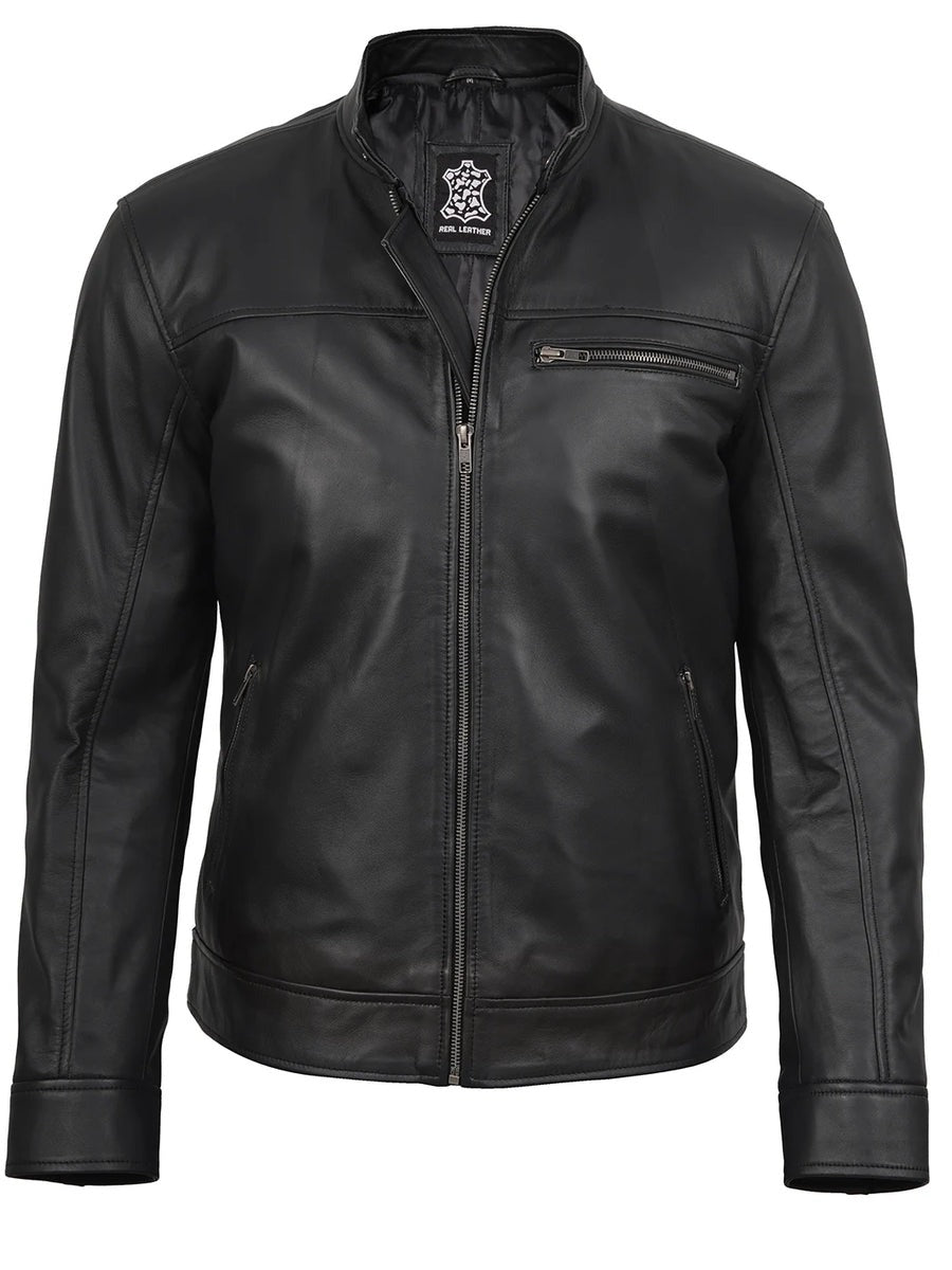 Mens Black Cafe Racer Style Real Leather Jacket The Leather Fit