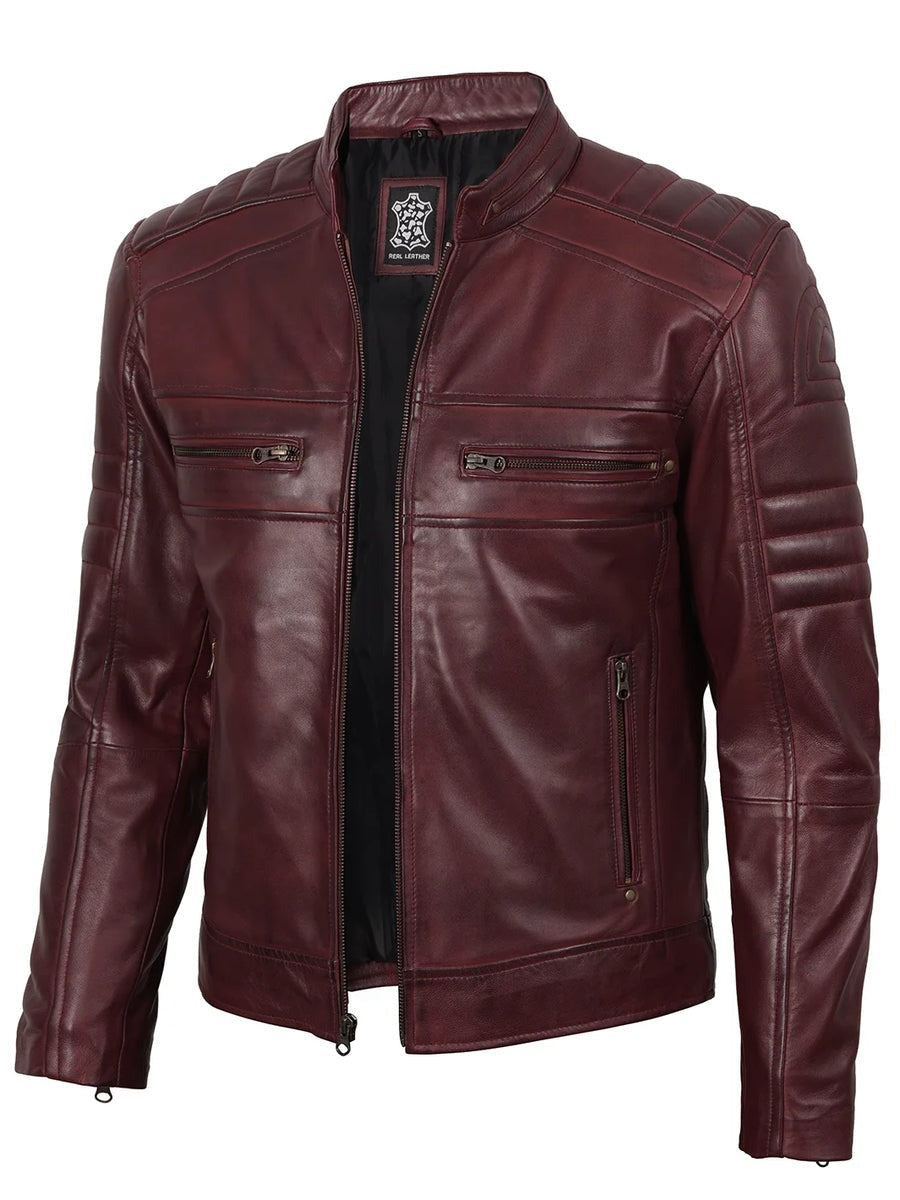 Mens Burgundy Cafe Racer Style Leather Jacket The Leather Fit