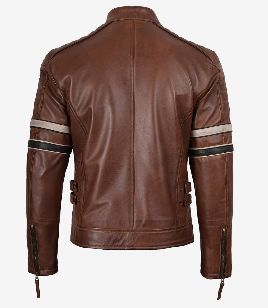 Men's Cognac Brown Leather Racer Jacket with Black and Beige Stripes The Leather Fit