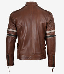 Men's Cognac Brown Leather Racer Jacket with Black and Beige Stripes The Leather Fit