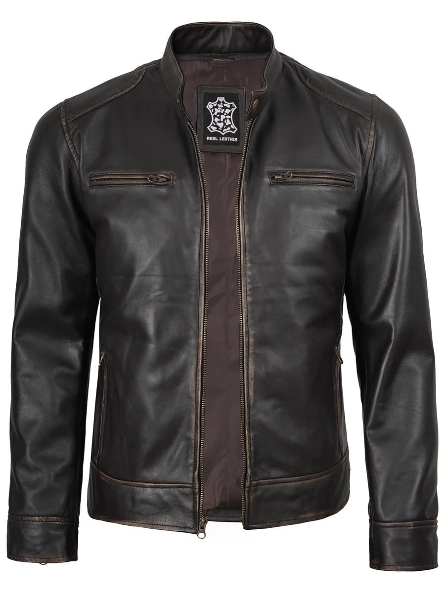 Men's Rub-Off Dark Brown Cafe Racer Style Leather Jacket The Leather Fit