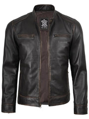 Men's Rub-Off Dark Brown Cafe Racer Style Leather Jacket The Leather Fit