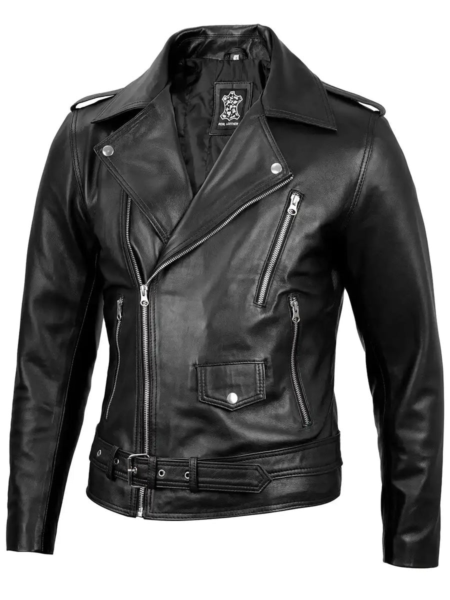 Men's Black Asymmetrical Belted Leather Biker Style Jacket The Leather Fit