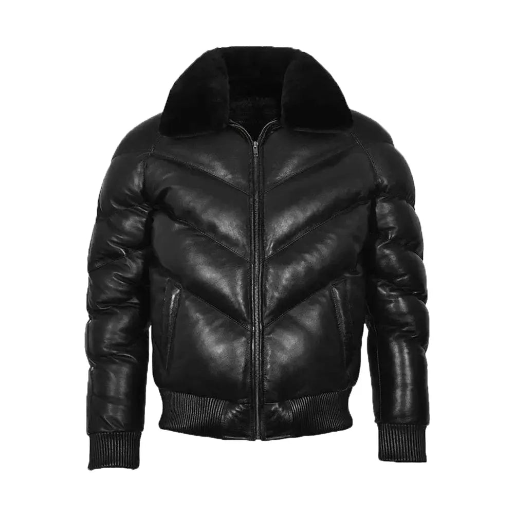 Puffer Padded Fur Bomber Leather Jacket Black The Leather Fit