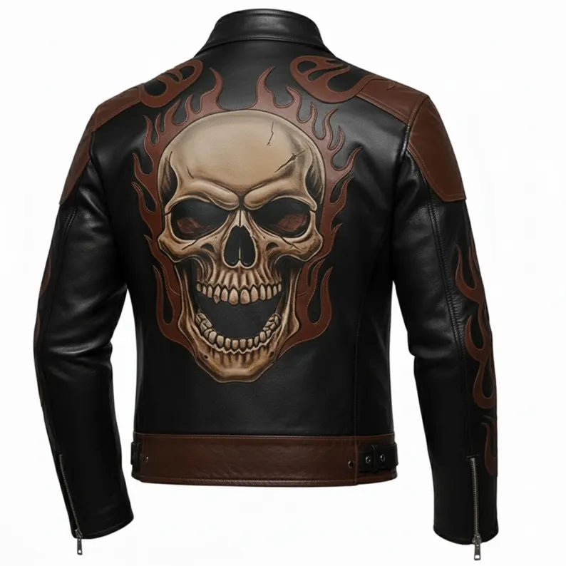 Men’s Skull Flame Leather Jacket Handmade Biker Coat Punk Rock Motorcycle Cowhide Back Style - The Leather Fit