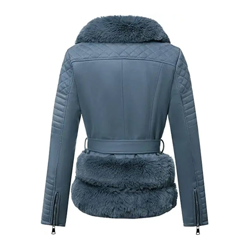 Women Blue Quilted Fur Leather Jacket The Leather Fit