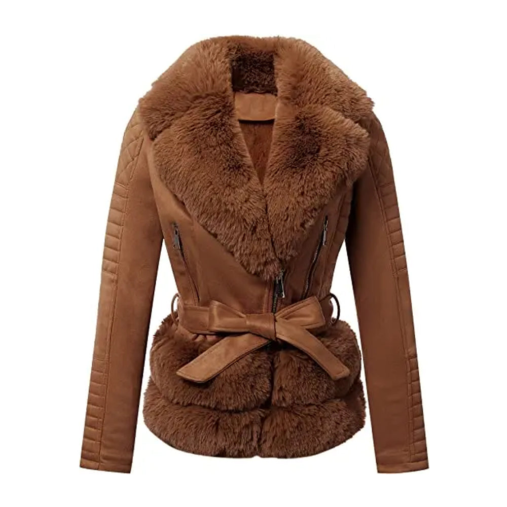 Women Brown Quilted Fur Leather Jacket The Leather Fit