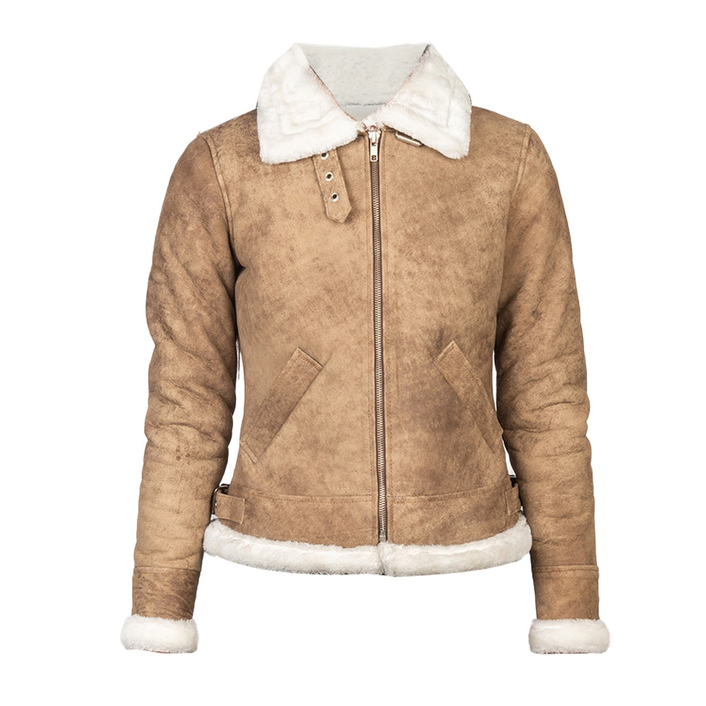 Women White Shearling B-3 Leather Bomber Distressed Beige Jacket The Leather Fit