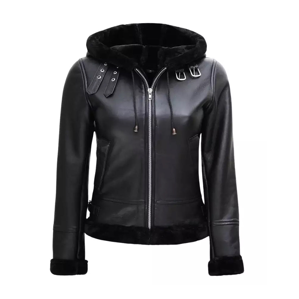 Women’s Black Shearling Leather Jacket With Hood The Leather Fit