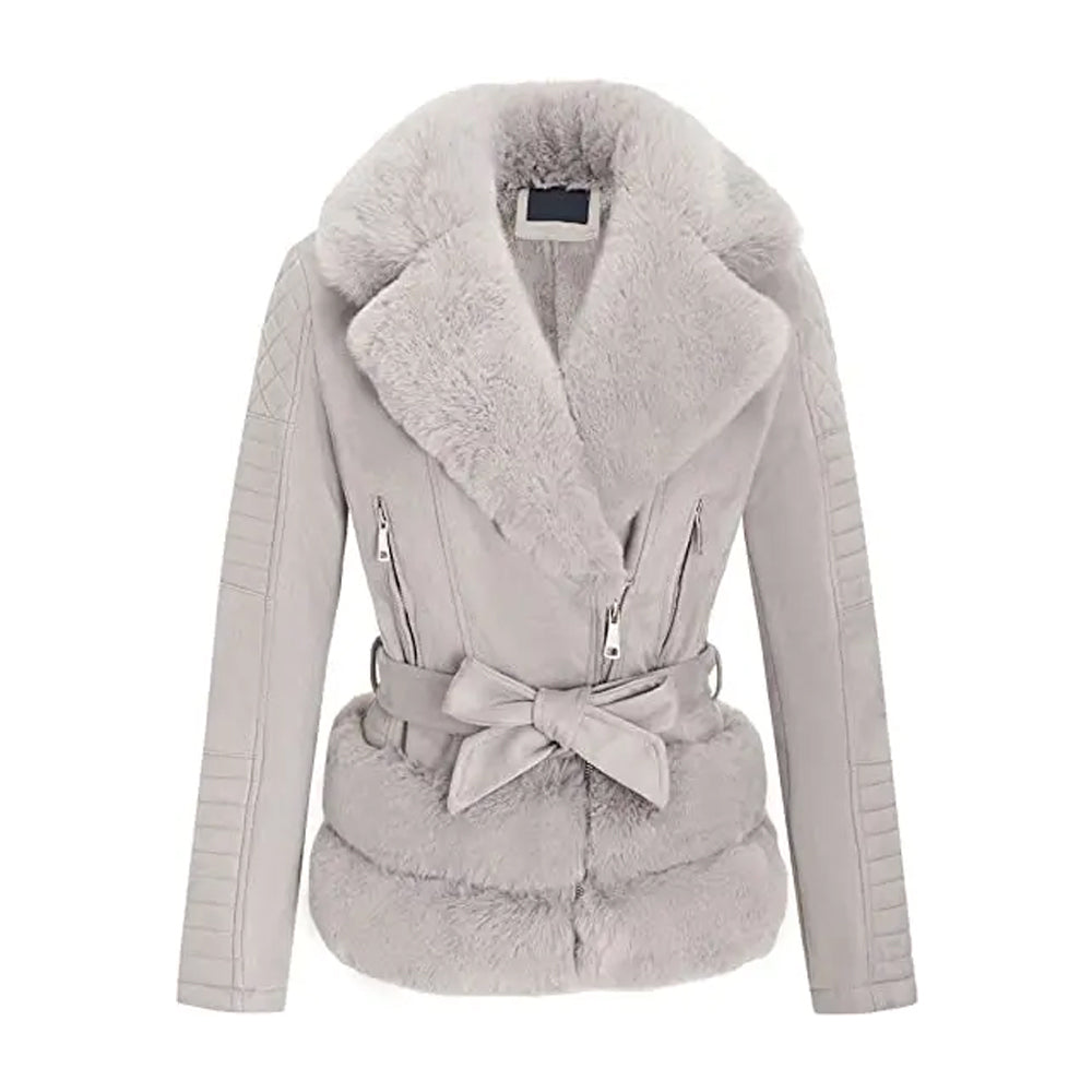 Women’s Gray Quilted Fur Leather Jacket The Leather Fit