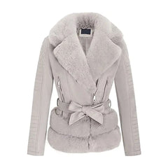 Women’s Gray Quilted Fur Leather Jacket The Leather Fit