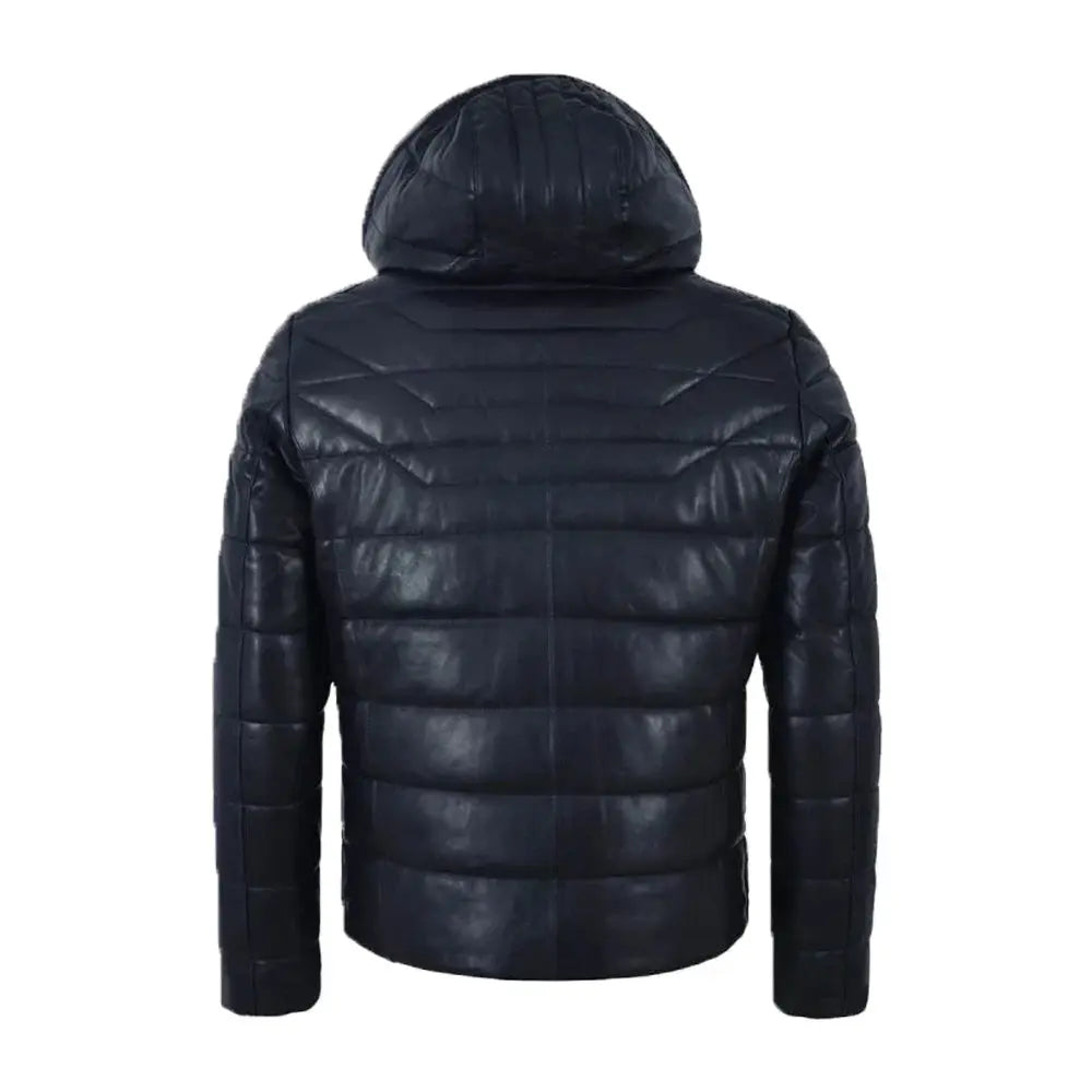 Hooded Leather Puffer Padded Jacket Navy The Leather Fit