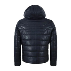 Hooded Leather Puffer Padded Jacket Navy The Leather Fit