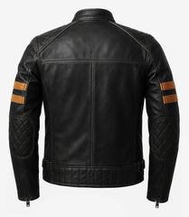 Mens Black Biker Style Leather Jacket with Tan Accent Stripes The Leather Fit