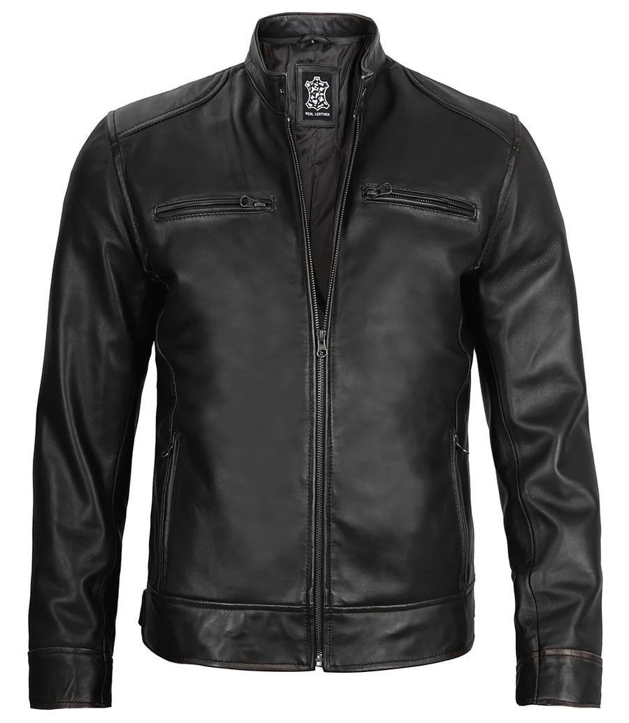 Real Leather Men's Black Cafe Racer Jacket The Leather Fit