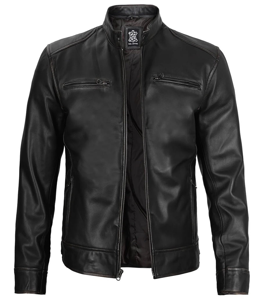 Real Leather Men's Black Cafe Racer Jacket The Leather Fit