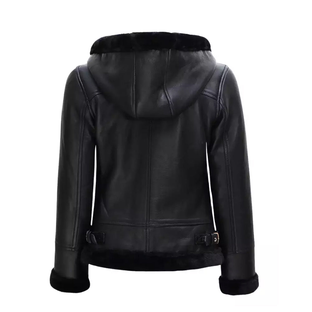 Women’s Black Shearling Leather Jacket With Hood The Leather Fit