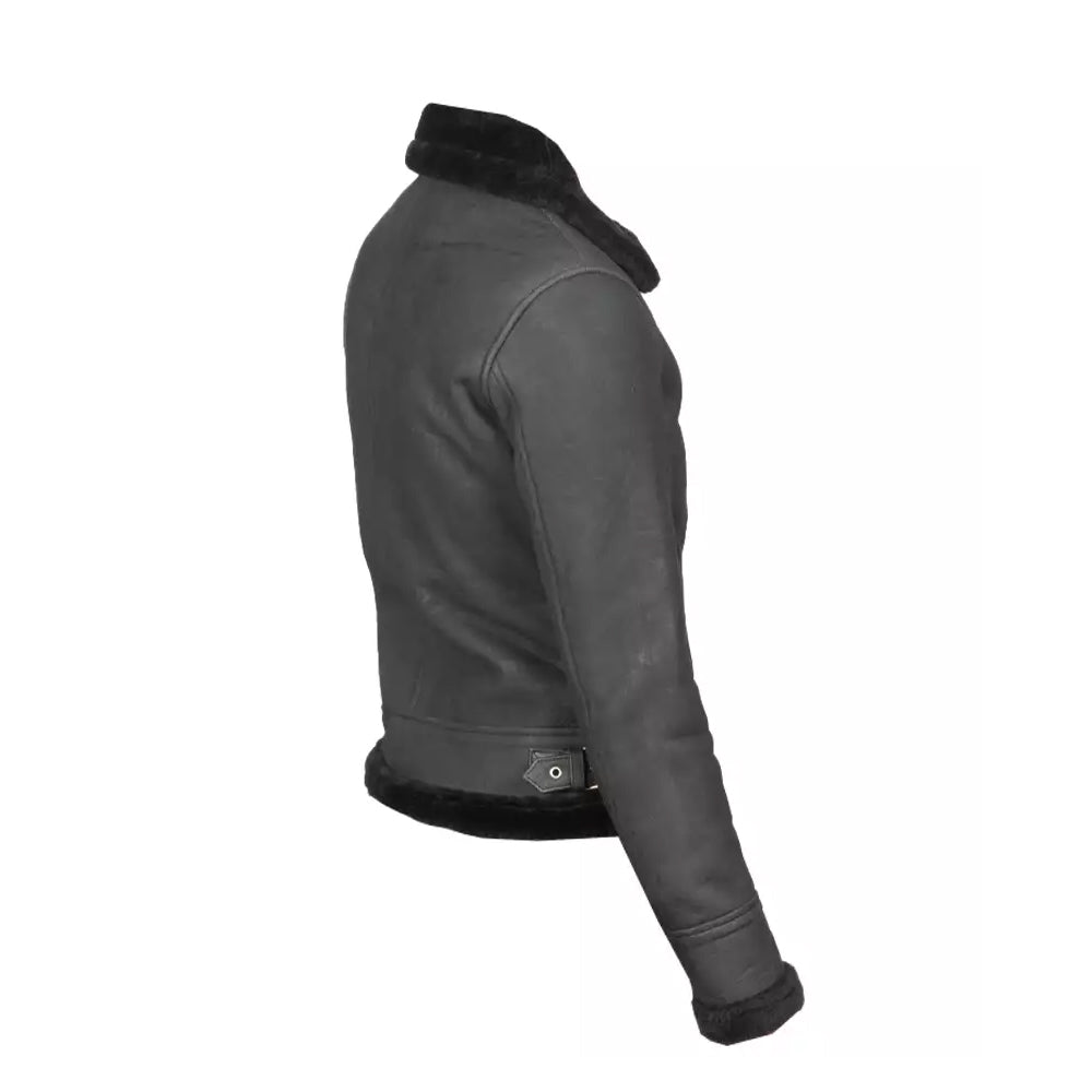 Black Shearling B-3 Leather Bomber Grey Jacket The Leather Fit
