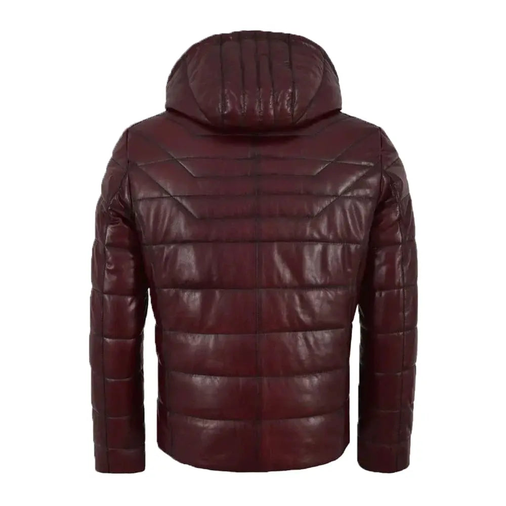 Hooded Leather Puffer Padded Jacket Cherry The Leather Fit
